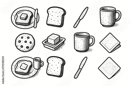 Slice cookie butter vector breakfast knife napkin simple mug bakery icon set