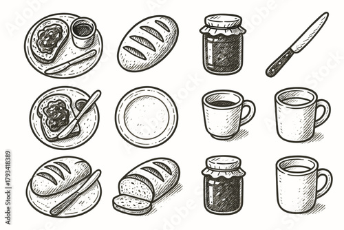 Jam vector spread rustic knife jar bakery icon loaf plate breakfast