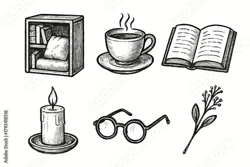 Nook dried vector tea open candle glasses icon cozy book