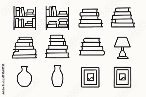 Vector modern small stacked vase lamp bookshelf ceramic photo icons books shelf