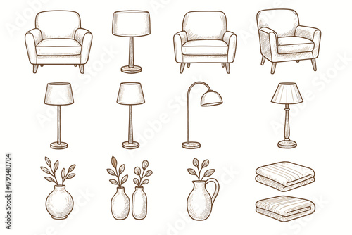 Icons warm lamp cozy room vase design folded icon vector blanket armchair