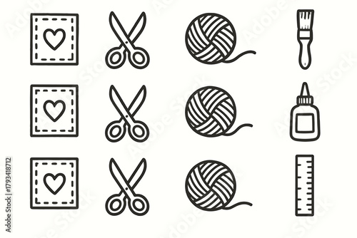 Icons glue brush vector craft essentials ball yarn tools icon scissors ruler