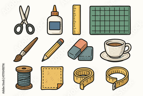 Craft tape roll thread glue vector measuring ruler tea icon fabric tools