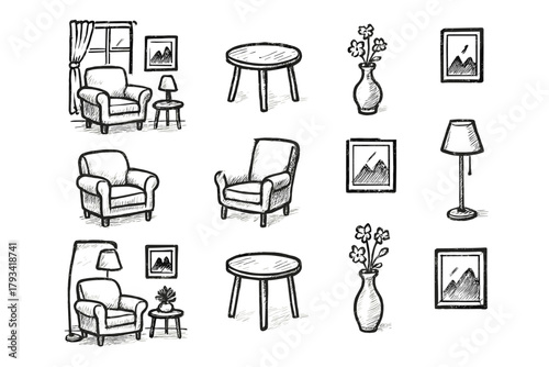 Artwork room small cozy living lamp icons icon vector table armchair elegant
