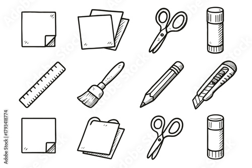 Vector icon essentials tools craft knife stick pencil glue icons cutter brush