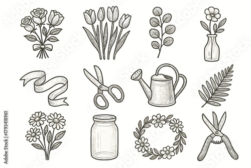 Flower tulip gardening jar vase icon bunch vector collection floral watering daisy