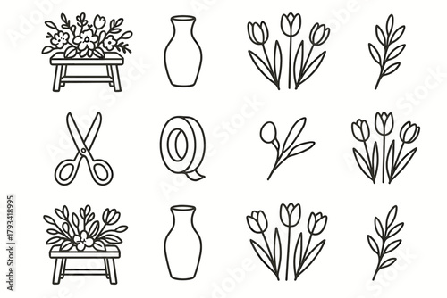 Flower tape cozy sprig leaf floral set vase tulips icon table vector