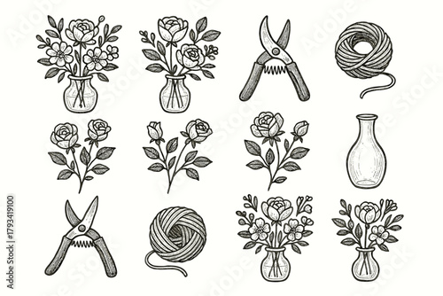 Icons shears floral vase garden twine decor glass icon rose vector arrangement