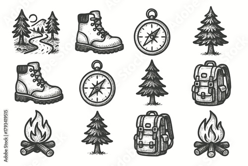 Hiker adventure forest boots icon campfire vector icons trail mood tree compass