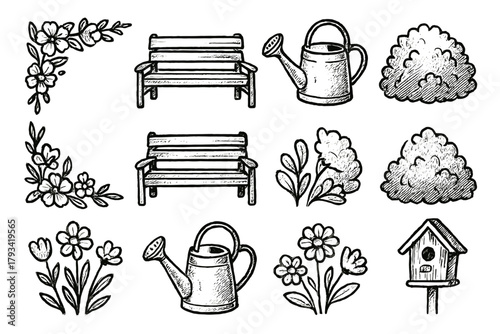 Flowers bush blooming can icons vector garden icon bench birdhouse watering corner