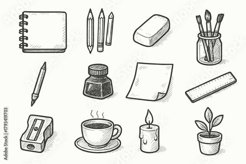 Sheet sketchbook icon jar pencils ruler supplies art paper sharpener eraser vector