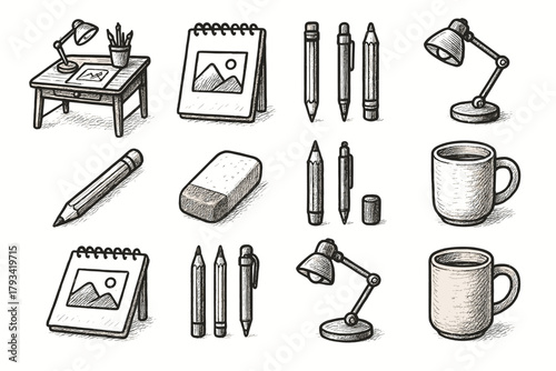 Desk pencils sketchpad eraser icon art lamp mug cozy vector