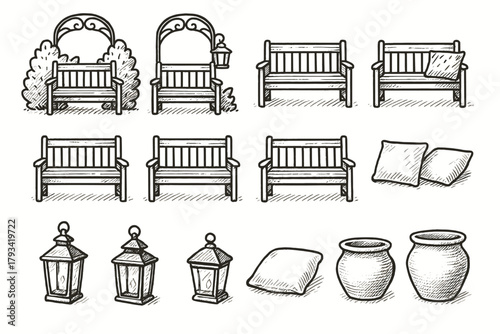 Decorative icon pot ceramic pillow vector lantern garden metal bench icons