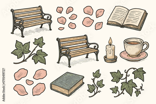 Ivy romantic icon petals view bench book icons candle teacup rose garden