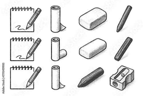 Graphite paper eraser icon sharpener charcoal stick art vector tools roll