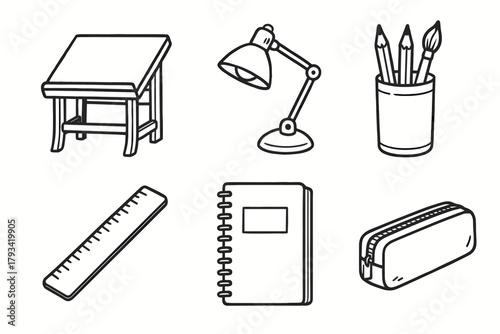 Classic art vector drawing icon case jar hand desk ruler pencil drawn