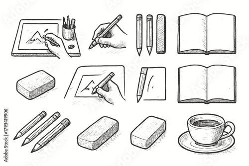 Set eraser cup icon art artistic vector scene grid tea sketchbook tabletop