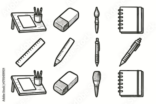 Vector brush ruler artist tools eraser sketchbook table icon mechanical