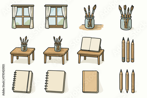 Vector jar atelier icon scene light set pencil icons home brushes notebook