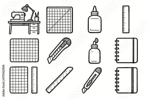 Designer icons creative ruler mat glue cutter sketchpad workspace cutting icon vector