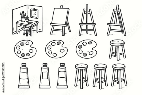 Small tube stool home easel vector corner atelier palette paint icons icon