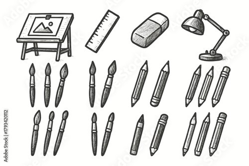 Lamp ruler atelier eraser brushes pencils station home vector icon drawing ink