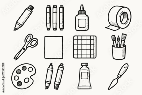 Assortment icon creative paper vector tools home markers atelier palette glue roll