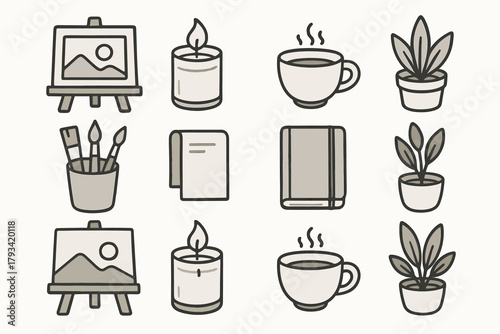 Home cup notebook moment peaceful candle icon atelier art icons paintbrush plant