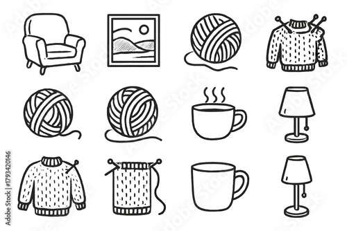 Icons icon vector set afternoon sweater unfinished cup knitting yarn soft ball
