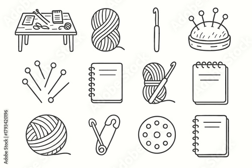 Supplies creative thread notebook wool vector pins hook crochet icon set knitting