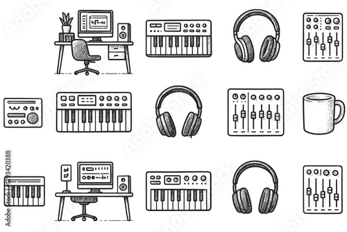 Vector music icons mixer outline modern mug keyboard practice workspace collection headphones