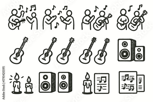 Icon practice music sheet speaker icons notes candle guitar jam session creative