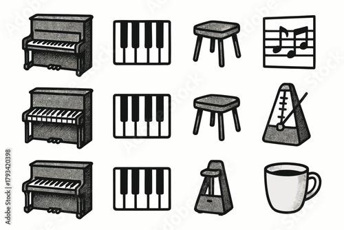 Practice icons corner metronome cup vector outline stool notes icon keys music