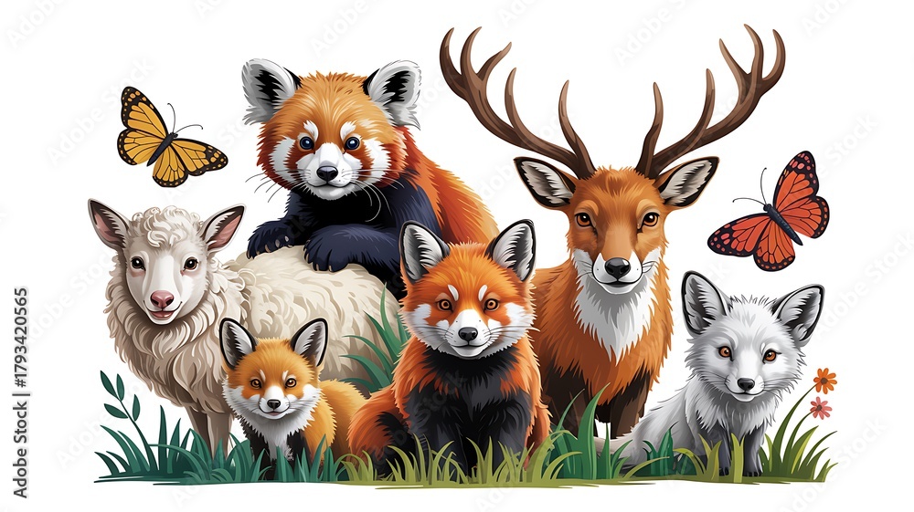 Fototapeta premium Group of friendly cartoon animals, red panda, deer, foxes, sheep