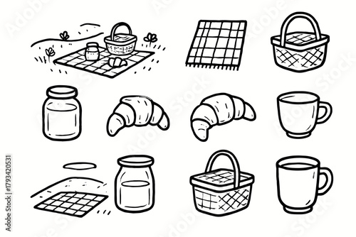 Set setup basket picnic cozy icon blanket cup croissant meadow jar vector