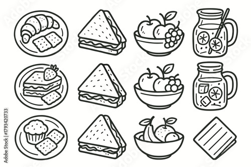 Sandwich bowl snack fruit icon jar simple picnic lemonade icons napkin afternoon