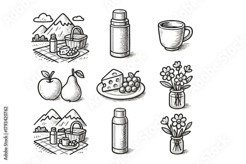 Cheese fruits icon flowers setup mountain plate picnic set thermos vector