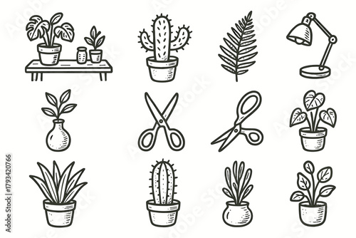 Small icon icons fern leaf botanical scissors workspace vase lamp vector