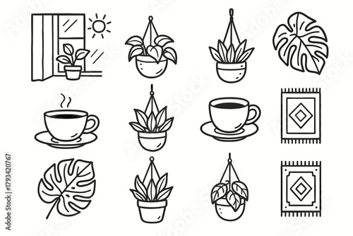 Sunlight monstera decor rug morning corner vector teacup hanging leaf modern icon