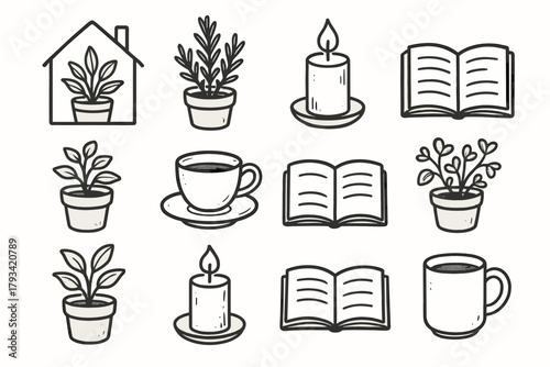 Candle open vector home potted cup book peaceful icons herbs icon plant