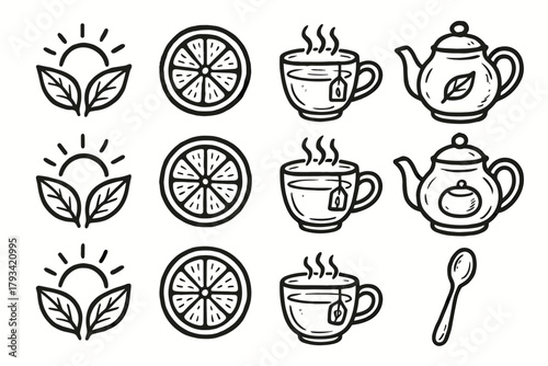 Vector cup citrus morning glass icon tea teapot spoon collection freshness slice