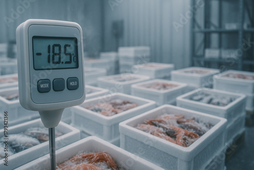 Digital thermometer checking freezing temperature for quality control of seafood in cold storage. This food industry process follows haccp safety standards for preservation