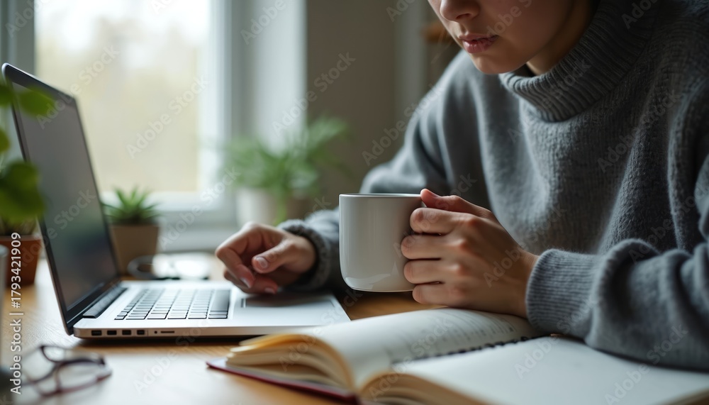 Fototapeta premium Young woman works on a laptop at home near window. She drinks coffee at desk with book and glasses. Student studies online, freelancer works remotely.