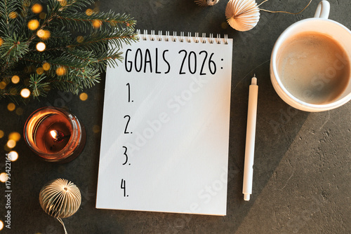 Goals 2026 in notebook, fir tree, burning candle, cup of coffee and Christmas decoration on table. Top view, flat lay. New year's Resolution