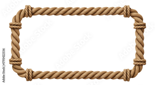 A rectangular frame border made of coiled natural fiber rope. isolated on transparent background