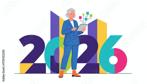 Senior business executive using a tablet for strategic planning against 2026 numbers