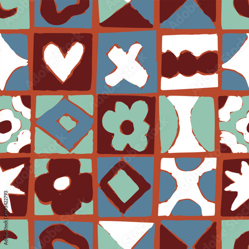 Seamless retro vector pattern with abstract flowers and geometric shapes in earthy tones. Bold hand drawn style for textile, tile, or wallpaper design.