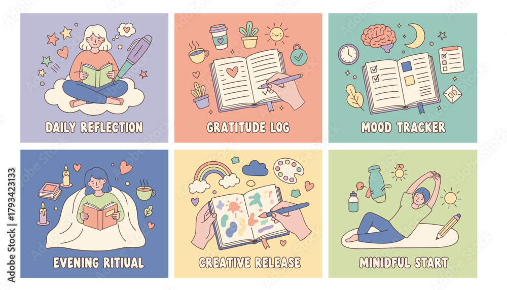 Fototapeta premium Selfcare and wellness routine set reflection gratitude log mood tracking creative release mindfulness
