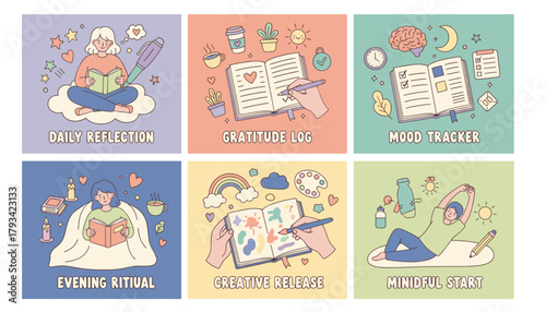 Selfcare and wellness routine set reflection gratitude log mood tracking creative release mindfulness