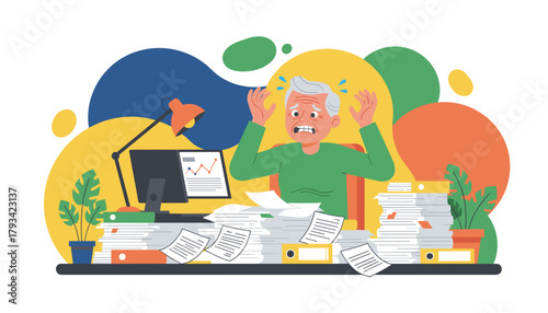 Stressed elderly man drowning in paper documents and work overload at his office desk